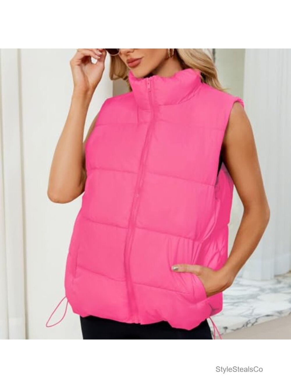 Puffer Vest for Women Oversized Quilted Sleeveless Puffy Outerwear with Pockets - Picture 3 of 6
